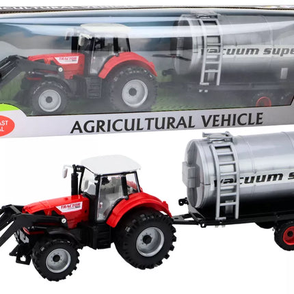Raudonas žemės ūkio traktorius su cisterna