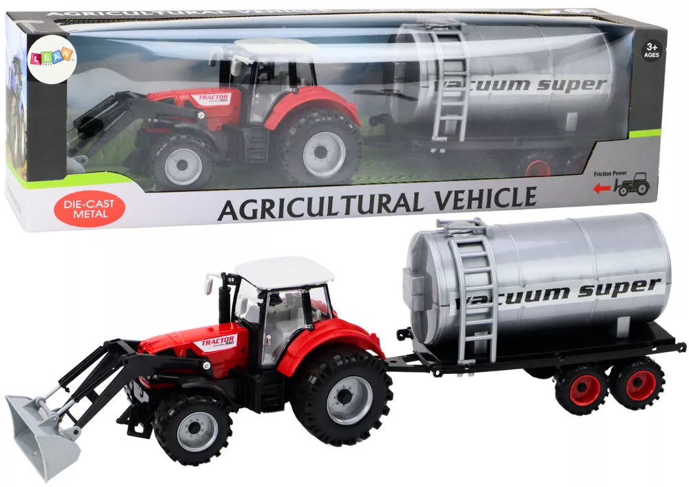 Raudonas žemės ūkio traktorius su cisterna