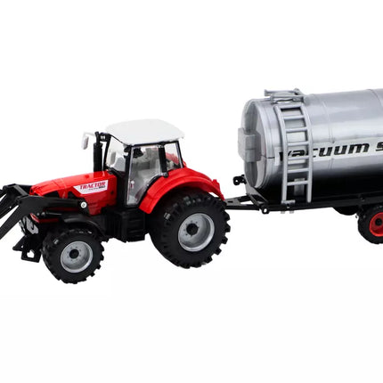 Raudonas žemės ūkio traktorius su cisterna