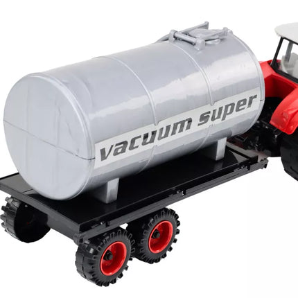 Raudonas žemės ūkio traktorius su cisterna