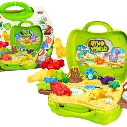 Plastilino dinozaurų pasaulis lagamine su formelėmis ir įrankiais, žalias