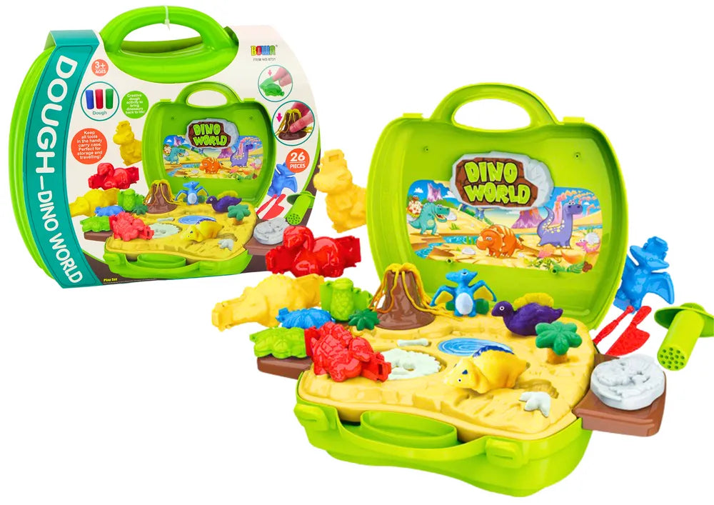 Plastilino dinozaurų pasaulis lagamine su formelėmis ir įrankiais, žalias