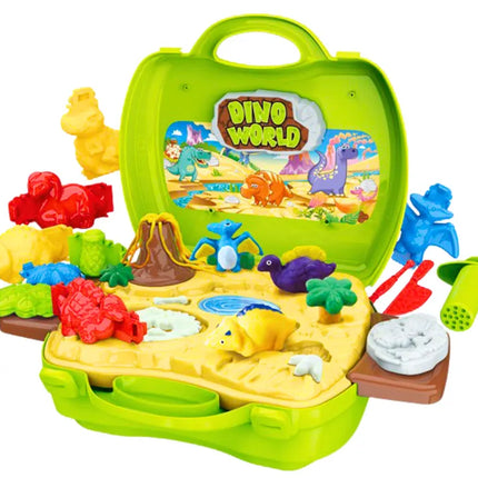 Plastilino dinozaurų pasaulis lagamine su formelėmis ir įrankiais, žalias