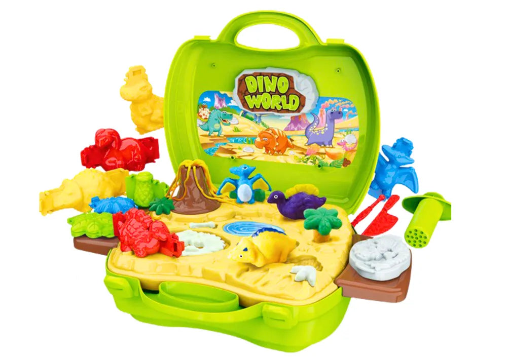 Plastilino dinozaurų pasaulis lagamine su formelėmis ir įrankiais, žalias