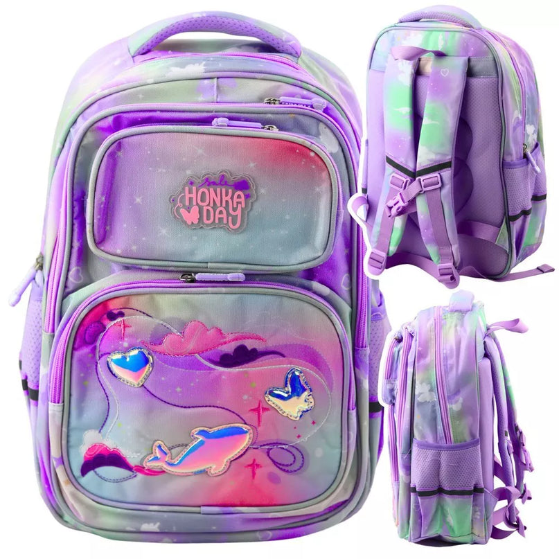 Pastelinė mokyklinė kuprinė su delfinu ir širdelėmis, 20 l