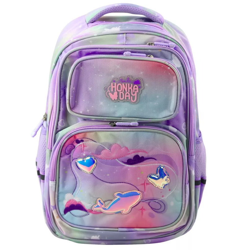 Pastelinė mokyklinė kuprinė su delfinu ir širdelėmis, 20 l
