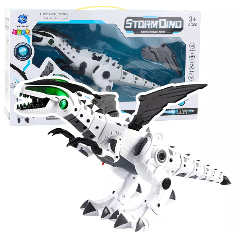 Baterijomis valdomasbaltas dinozaurų robotas