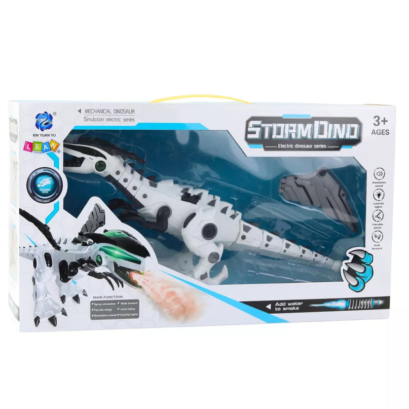 Baterijomis valdomasbaltas dinozaurų robotas