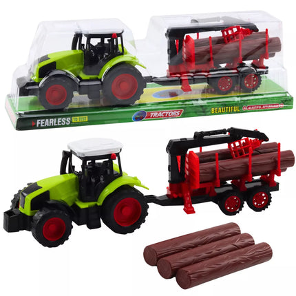 Žemės ūkio traktorius su priekaba rąstams vežti