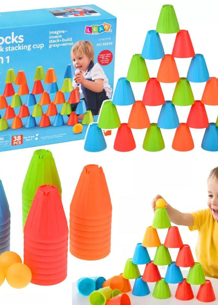 3in1 lavinamasis žaidimas – „Fast Cups“ trikampių bokštelių ir kamuoliukų rinkinys