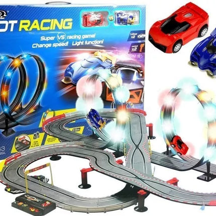 „Race Track Slot Cars 1:43“ – lenktynių trasa su 2 automobiliais, kilpomis ir LED apšvietimu