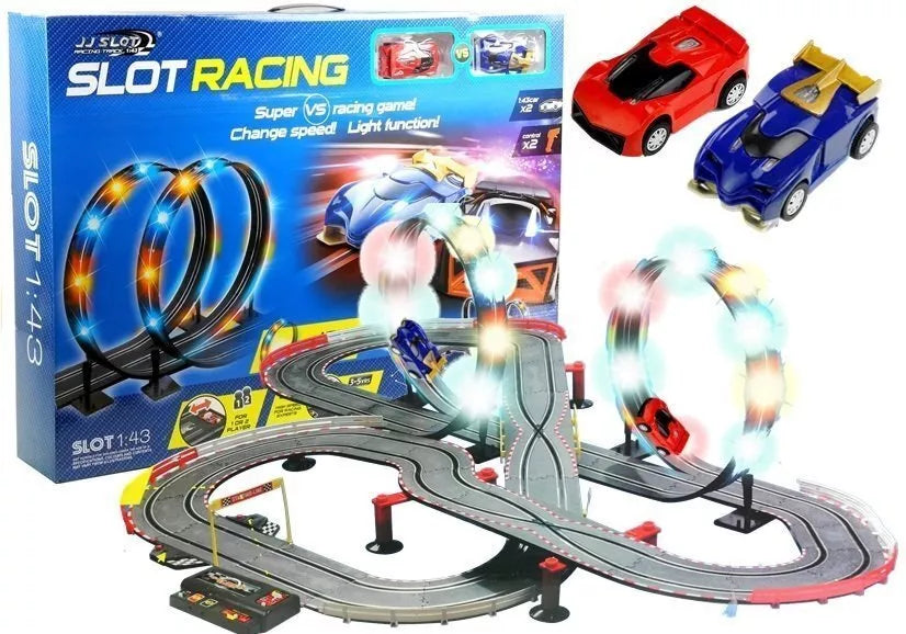 „Race Track Slot Cars 1:43“ – lenktynių trasa su 2 automobiliais, kilpomis ir LED apšvietimu