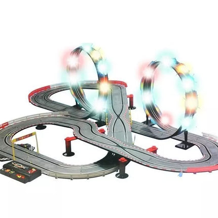 „Race Track Slot Cars 1:43“ – lenktynių trasa su 2 automobiliais, kilpomis ir LED apšvietimu