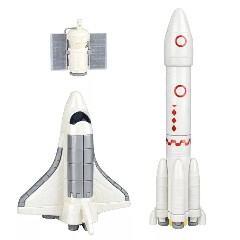 Kosmoso rinkinys: raketa, starto bokštas, šatlas, astronautai