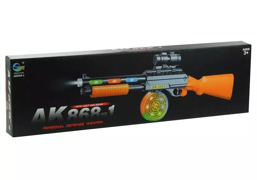 Žaislinis automatas AK 868‑1 – su šviesomis, garsais ir taikikliu, 60 cm