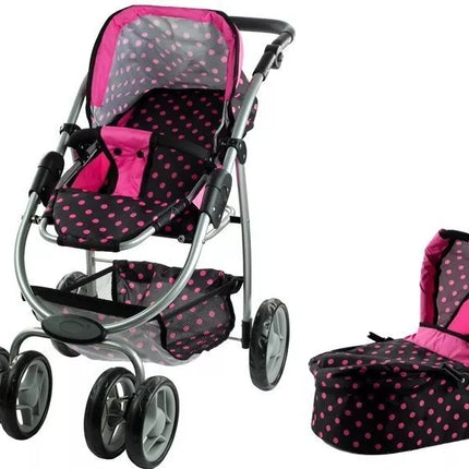2in1 lėlių vežimėlis Alice – lopšys ir sportinis vežimėlis viename (juodas su rožiniais taškeliais)