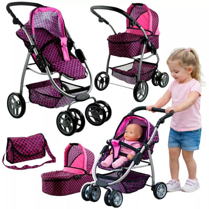 2in1 lėlių vežimėlis Alice – rožinis su juodais taškeliais