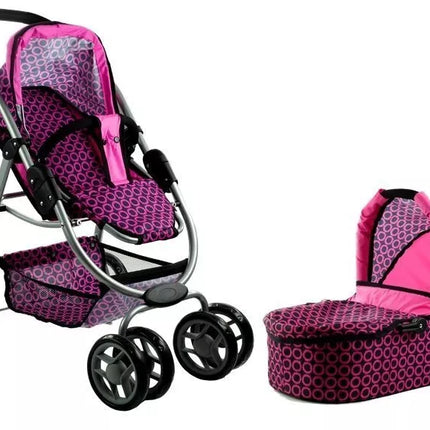 2in1 lėlių vežimėlis Alice – rožinis su juodais taškeliais