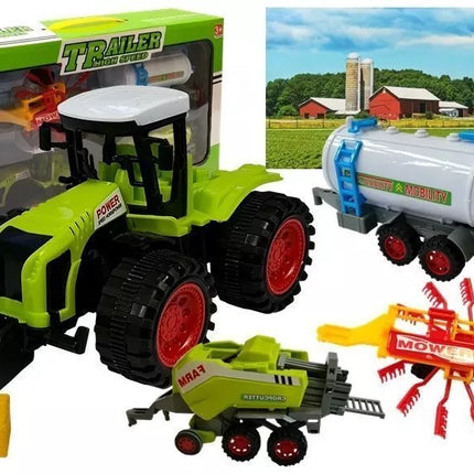 Ūkininko transporto rinkinys – traktorius su 3 priekabomis