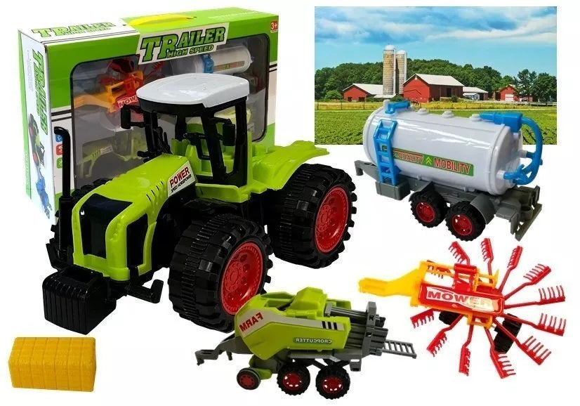 Ūkininko transporto rinkinys – traktorius su 3 priekabomis