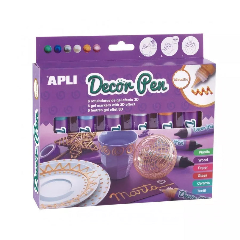 APLI 3D efektą suteikiantys metalizuoti markeriai „Decorpen“ (6 vnt.)