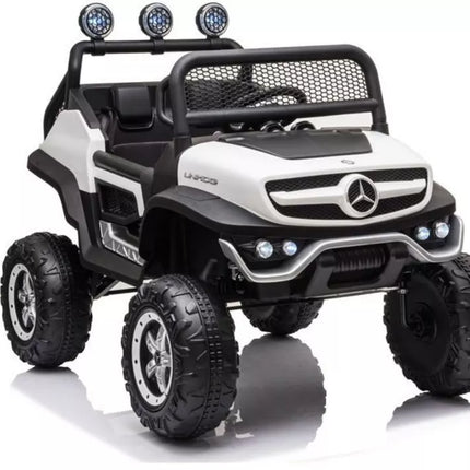 Elektrinis vaikiškas pasivažinėjimo automobilis Mercedes Unimog S, baltas.