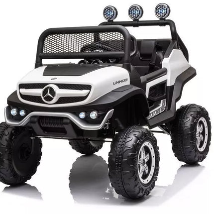 Elektrinis vaikiškas pasivažinėjimo automobilis Mercedes Unimog S, baltas.