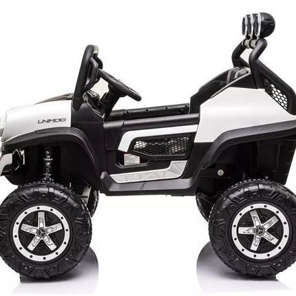 Elektrinis vaikiškas pasivažinėjimo automobilis Mercedes Unimog S, baltas.