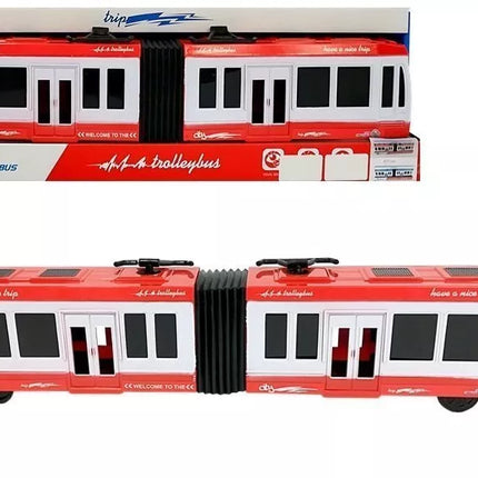 Raudonas lankstus autobusas su frikcine pavara