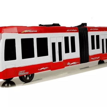 Raudonas lankstus autobusas su frikcine pavara