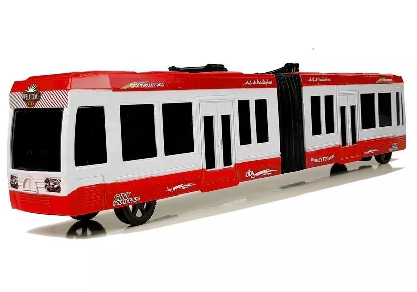 Raudonas lankstus autobusas su frikcine pavara