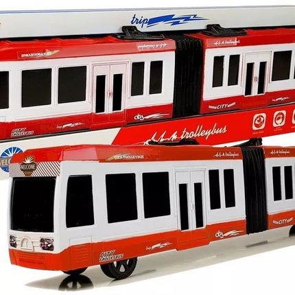 Raudonas lankstus autobusas su frikcine pavara