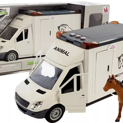 Baltas žaislinis arklių transporterio automobilis su šviesomis, garsais ir arkliuku