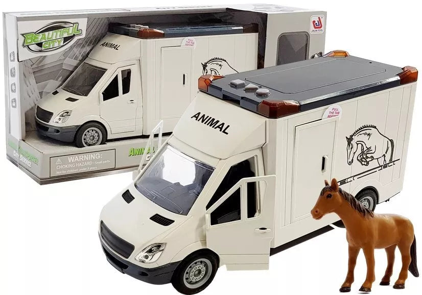Baltas žaislinis arklių transporterio automobilis su šviesomis, garsais ir arkliuku