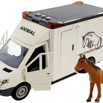 Baltas žaislinis arklių transporterio automobilis su šviesomis, garsais ir arkliuku