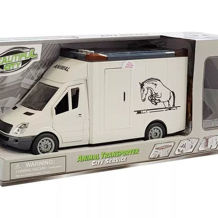 Baltas žaislinis arklių transporterio automobilis su šviesomis, garsais ir arkliuku