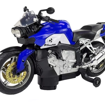 Mėlynas motociklas su baterijomis – šviesos, garsai ir stabilūs ratai