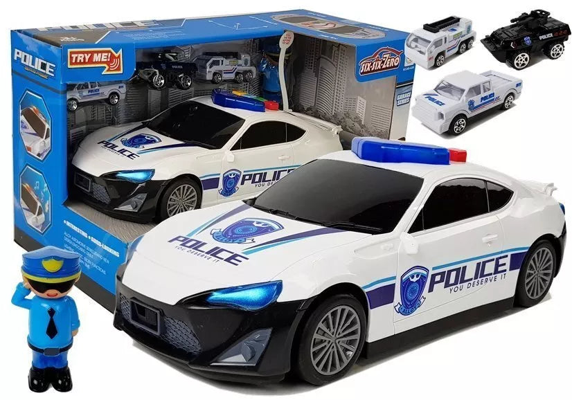 Policijos automobilis 2in1 su garažu, šviesomis ir garsais
