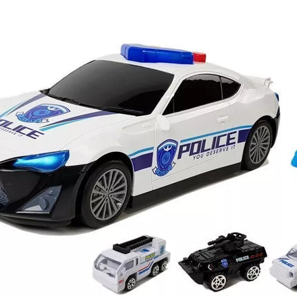 Policijos automobilis 2in1 su garažu, šviesomis ir garsais