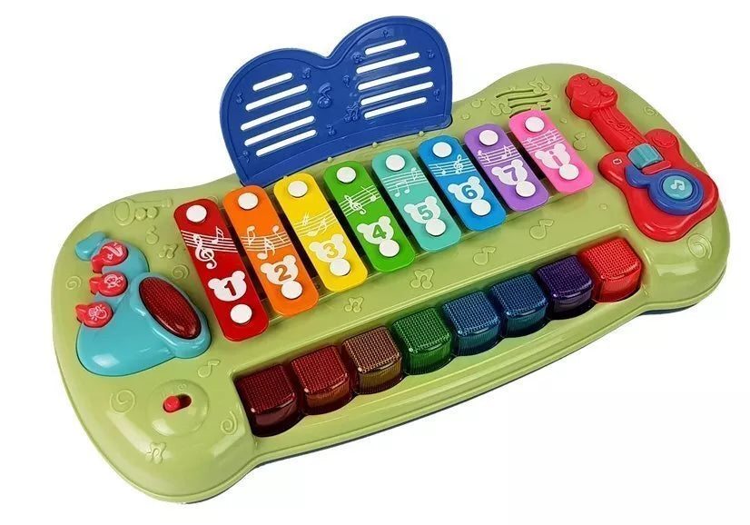 Vaikiškas pianinas su cimbolais, šviečiančiais klavišais ir melodijomis
