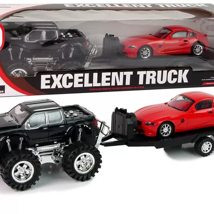 Transporto priemonių rinkinys: juodas Monster Truck, balta BMW ir priekaba (58 cm)