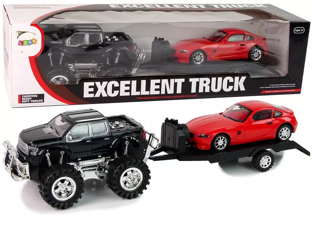 Transporto priemonių rinkinys: juodas Monster Truck, balta BMW ir priekaba (58 cm)