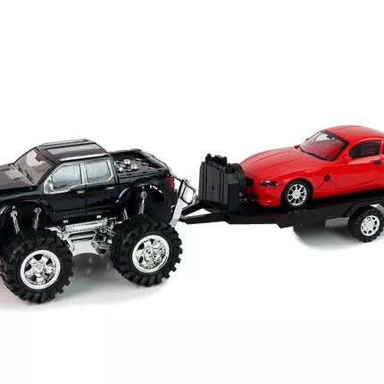 Transporto priemonių rinkinys: juodas Monster Truck, balta BMW ir priekaba (58 cm)