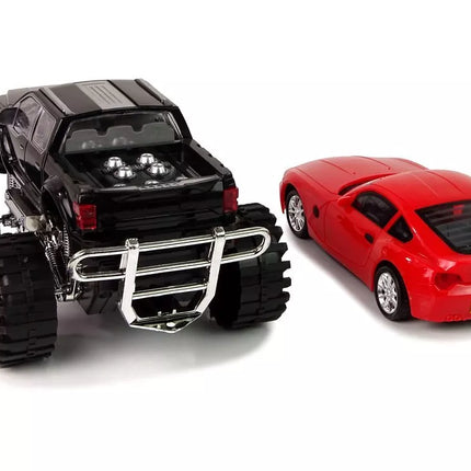 Transporto priemonių rinkinys: juodas Monster Truck, balta BMW ir priekaba (58 cm)