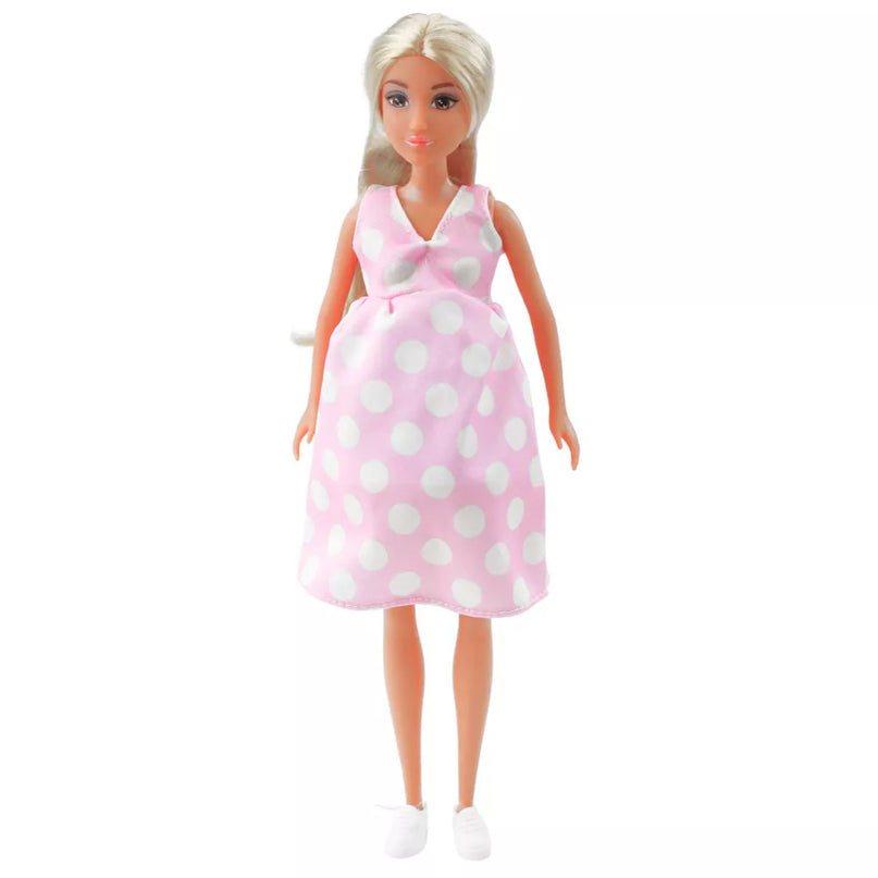 Anlily nėščia lėlė šviesiai rožinė su taškeliais suknelė