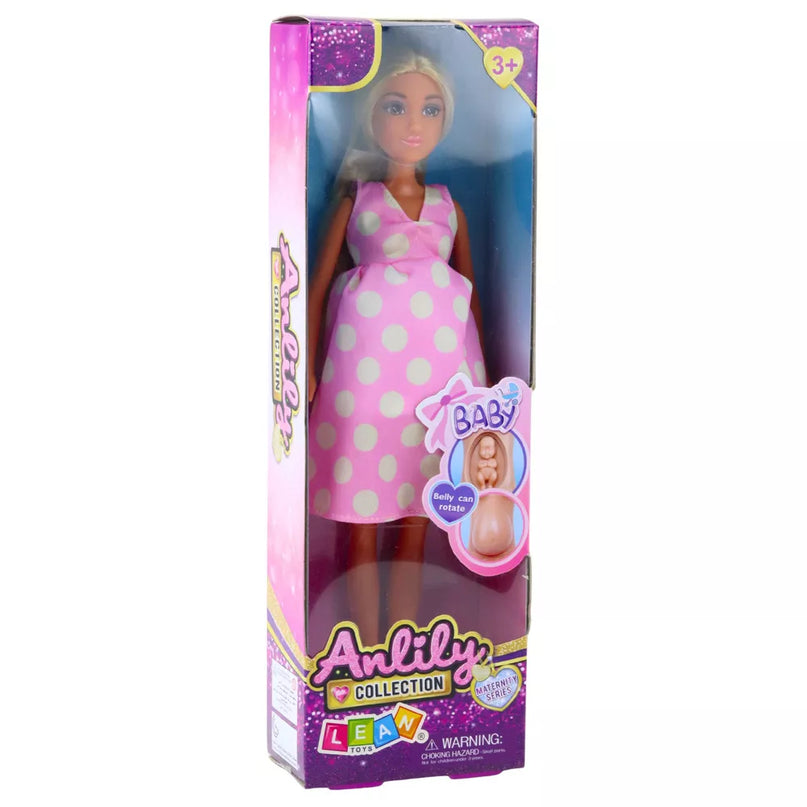 Anlily nėščia lėlė šviesiai rožinė su taškeliais suknelė