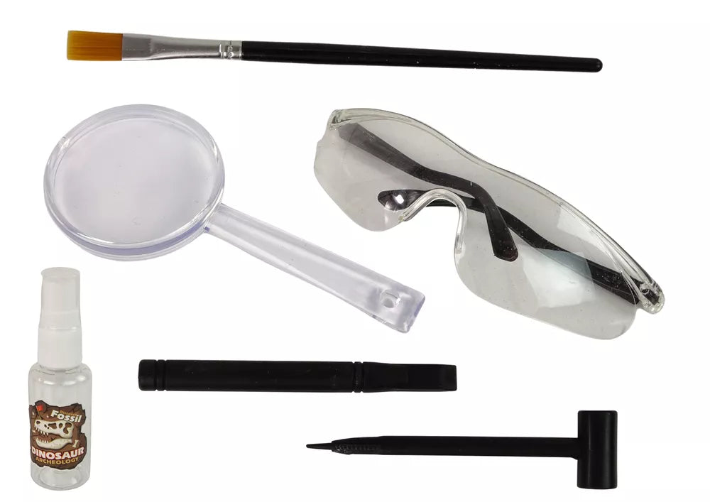 Archeologijos inkinys su dinozauro skeletu ir archelogo įrankiais