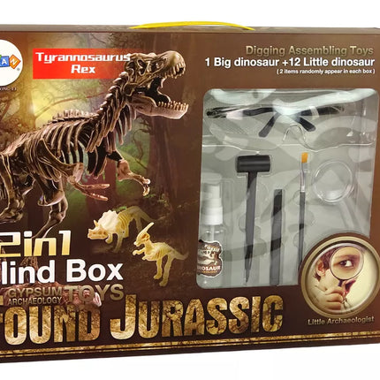 Archeologijos inkinys su dinozauro skeletu ir archelogo įrankiais