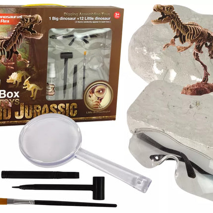 Archeologijos inkinys su dinozauro skeletu ir archelogo įrankiais