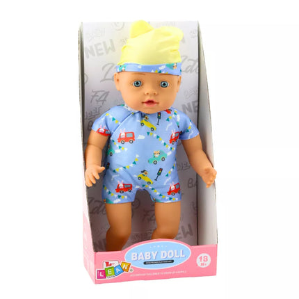 Kūdikio lėlė mėlynais drabužiais 31 cm